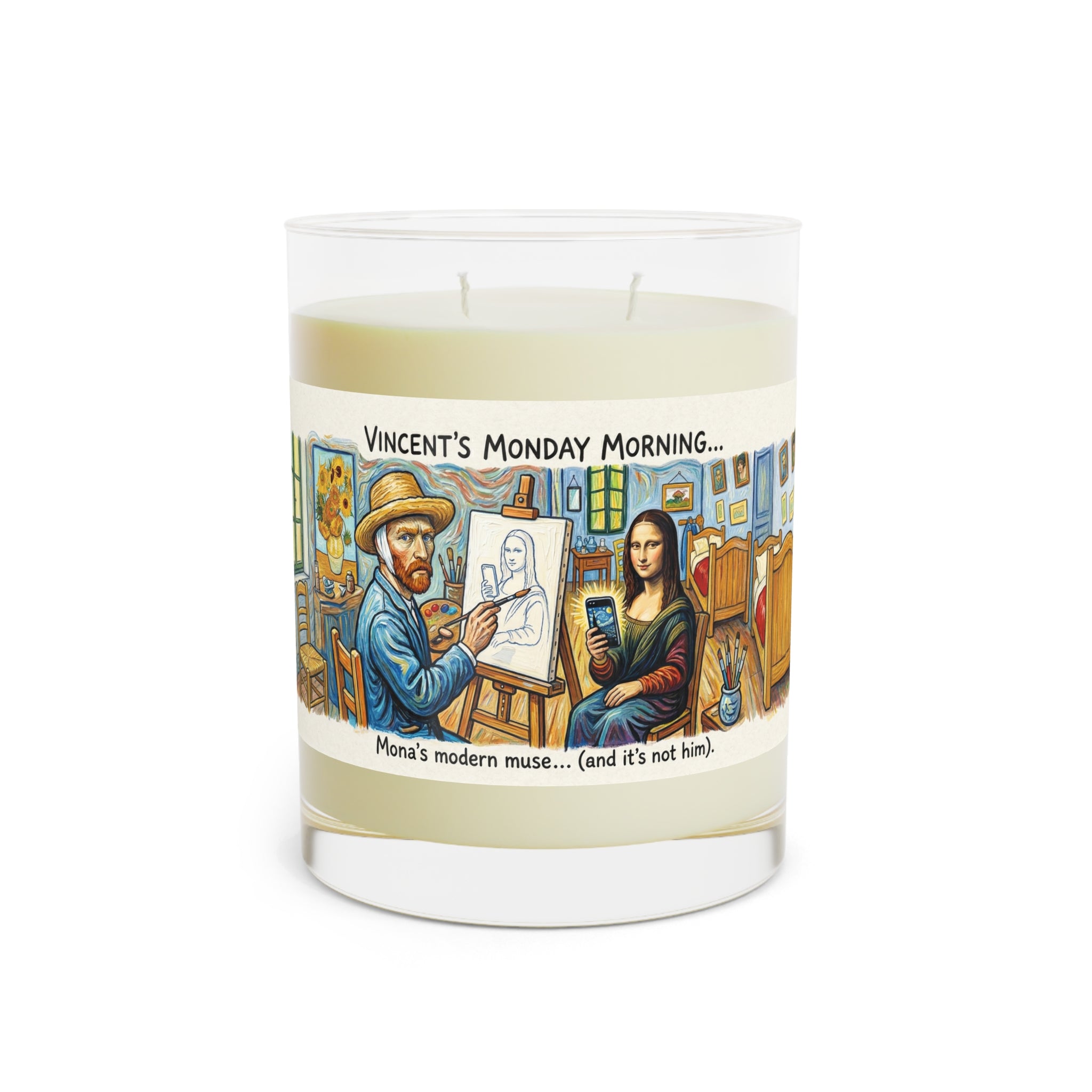 Humorous Art Candle — “Vincent’s Monday Morning… Mona’s modern muse (and it’s not him)” 11oz